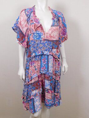 Anthropologie floral tiered ruffle Patchwork dress L (4526)